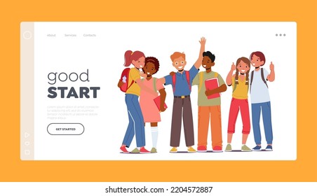 Back to School Landing Page Template. Pupils Boys and Girls with Backpacks and Textbooks Stand in Row. Happy Children Students Back to School, Kids Characters Group. Cartoon People Vector Illustration