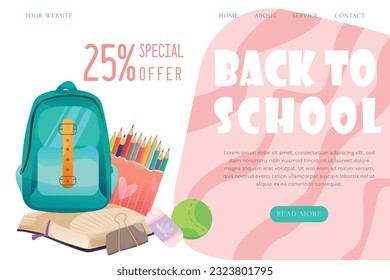Back to School Landing Page template Cartoon Illustration with back to school icon Set