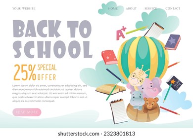 Back to School Landing Page template Cartoon Illustration with back to school icon Set