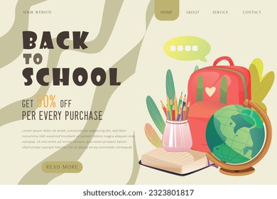 Back to School Landing Page template Cartoon Illustration with back to school icon Set