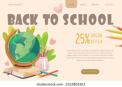 Back to School Landing Page template Cartoon Illustration with back to school icon Set