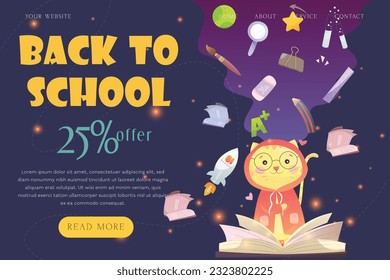 Back to School Landing Page template Cartoon Illustration with back to school icon Set.