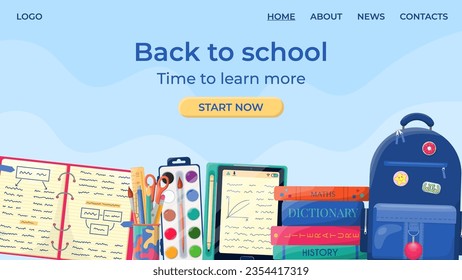 Back to school landing page template. Bright school backpack, stationery, books and notebook. Design for website, banner, marketing, educational study promotion ad, social media, invitation