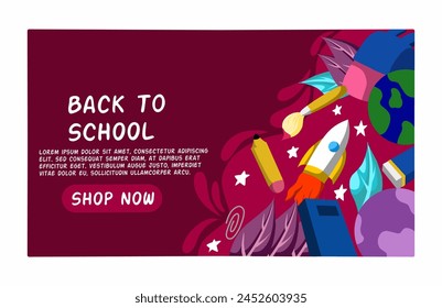 Back to School Landing Page Template. Cute Elementary School Girl Standing At The Blackboard And Writing Abc Letters. Concept of Educational Resources, Tutoring Services. Cartoon Vector Illustration