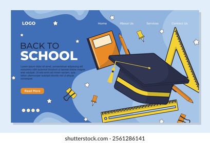 Back to school landing page template sale banner with graduation cap, books, pencils, ruler. Vector illustration