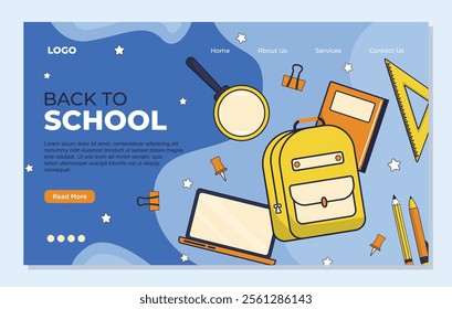 Back to school landing page template sale banner with graduation cap, books, pencils, ruler. Vector illustration