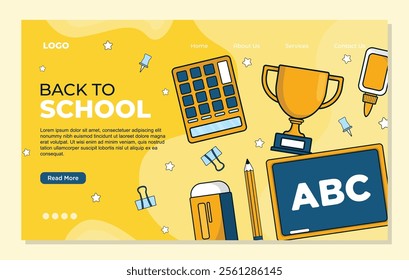 Back to school landing page template sale banner with graduation cap, books, pencils, ruler. Vector illustration