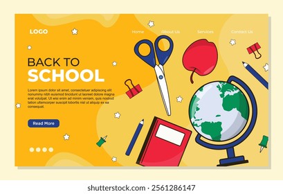 Back to school landing page template sale banner with graduation cap, books, pencils, ruler. Vector illustration