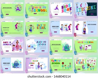 Back to school landing page templates for a kids site, with tiny flat design characters.
