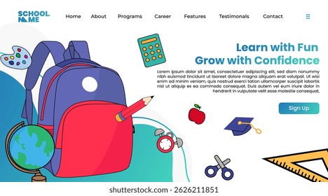 Back to school landing page. Vector web banner template with flat illustration stationery school.