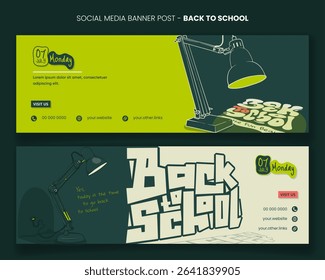Back to school. Landscape banner post with desk lamp and back to school typography in green background. back to school banner post template