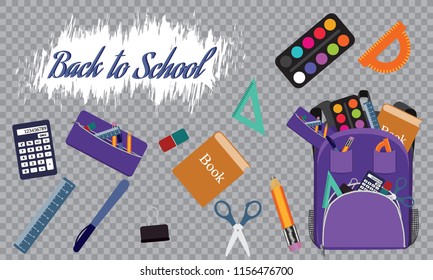 Back to school a large set in a backpack. The first day at school. Various school supplies, stationery. Paint, pencils, a bag, a pen, a book, rulers, scissors, an elastic band, a calculator. 