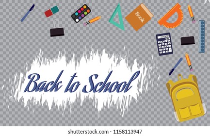 Back to school a large set in a backpack. The first day at school. Various school supplies, stationery. Paint, pencils, a bag, a pen, a book, rulers, scissors, an elastic band, a calculator.