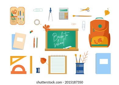 Back to school. A large set of subjects for school. Vector illustrations in cartoon style. Backpack, stationery, notebooks, calculator, pencil case and blackboard