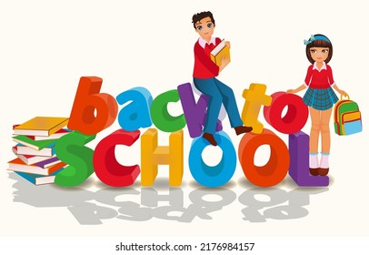 Back to school, latinos boy and girl with books. vector illustration	