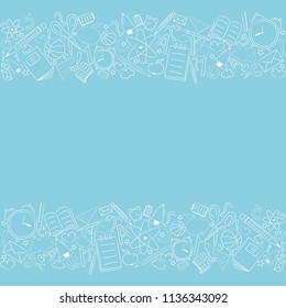 Back to school - layout of a poster with sketchy accessories nad copyspace. Vector.