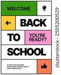 Back to school layout template. Design with geometric shapes and y2k patches, labels, tags, stickers for your flyer, poster, cover, brochure or banner. Trendy promo labels.