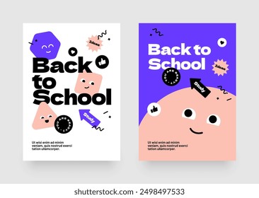 Back to school layout template. Design with colorful cartoon characters for your flyer, poster, cover, brochure or banner.