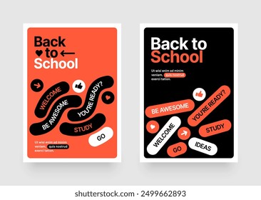 Back to school layout template. Design with geometric shapes and y2k patches, labels, tags, stickers for your flyer, poster, cover, brochure or banner. Trendy promo labels.