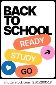 Back to school layout template. Design with geometric shapes and y2k patches, labels, tags, stickers for your flyer, poster, cover, brochure or banner. Trendy promo labels.