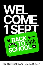 Back to school layout template. Design with geometric shapes and y2k patches, labels, tags, stickers for your flyer, poster, cover, brochure or banner. Trendy promo labels.