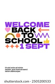 Back to school layout template. Design with geometric shapes and y2k patches, labels, tags, stickers for your flyer, poster, cover, brochure or banner. Trendy promo labels.