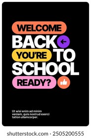 Back to school layout template. Design with geometric shapes and y2k patches, labels, tags, stickers for your flyer, poster, cover, brochure or banner. Trendy promo labels.