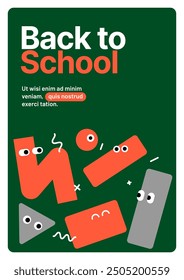 Back to school layout template. Design with colorful cartoon characters and eye catching typography for your flyer, poster, cover, brochure or banner. Trendy promo labels.