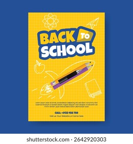 Back to school leaflet, brochure cover template for Sale discount offer, Back to school party poster, school admission poster, preschool, educational flyer or poster with educational supplies elements