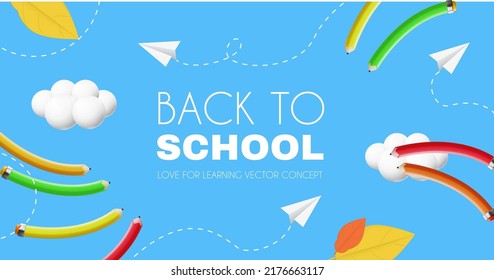 Back to school. Learn and study background with penncils, paper planes and autumn leaves in sky with clouds