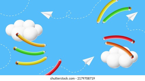 Back to school. Learn and study background with penncils, paper planes and sky with clouds