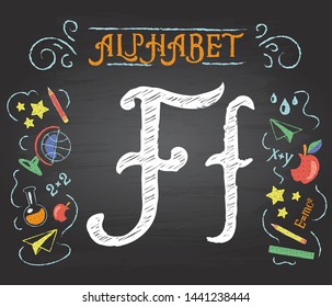 Back to school. Learning alphabet. Alphabet - F