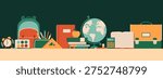 Back to school and learning banner with colorful school supplies and objects on the desk, seamless pattern