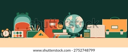 Back to school and learning banner with colorful school supplies and objects on the desk, seamless pattern