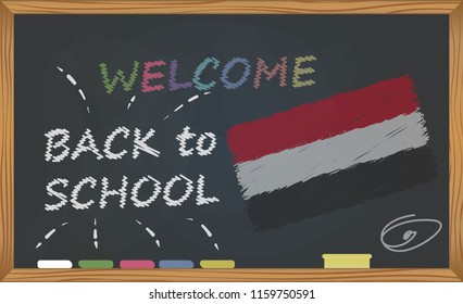 Back to school with learning and childhood concept. Banner with an inscription with the chalk welcome back to school and the Yemen national flag