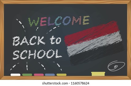 Back to school with learning and childhood concept. Banner with an inscription with the chalk welcome back to school and the Egypt national flag