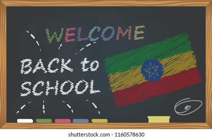 Back to school with learning and childhood concept. Banner with an inscription with the chalk welcome back to school and the Ethiopia national flag