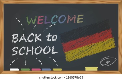 Back to school with learning and childhood concept. Banner with an inscription with the chalk welcome back to school and the Germany national flag