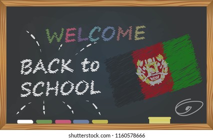 Back to school with learning and childhood concept. Banner with an inscription with the chalk welcome back to school and the Afghanistan national flag