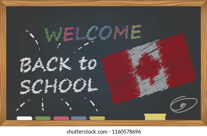 Back to school with learning and childhood concept. Banner with an inscription with the chalk welcome back to school and the Canada national flag