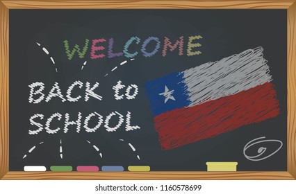 Back to school with learning and childhood concept. Banner with an inscription with the chalk welcome back to school and the Chile national flag