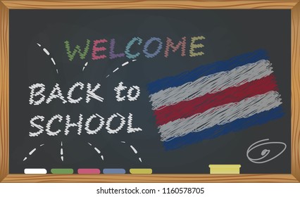 Back to school with learning and childhood concept. Banner with an inscription with the chalk welcome back to school and the Costa Rico national flag