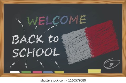 Back to school with learning and childhood concept. Banner with an inscription with the chalk welcome back to school and the Malta national flag