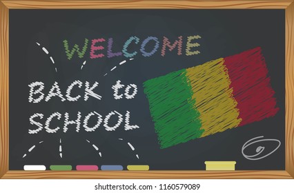 Back to school with learning and childhood concept. Banner with an inscription with the chalk welcome back to school and the Mali national flag