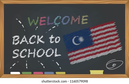 Back to school with learning and childhood concept. Banner with an inscription with the chalk welcome back to school and the Malaysia national flag