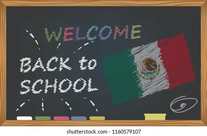 Back to school with learning and childhood concept. Banner with an inscription with the chalk welcome back to school and the Mexico national flag