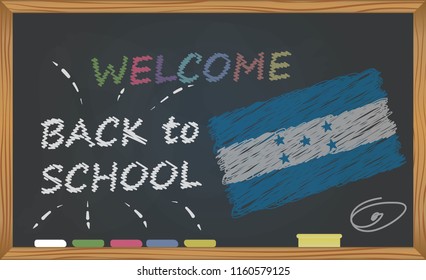 Back to school with learning and childhood concept. Banner with an inscription with the chalk welcome back to school and the Honduras national flag