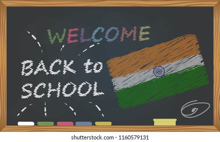 Back to school with learning and childhood concept. Banner with an inscription with the chalk welcome back to school and the India national flag