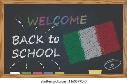 Back to school with learning and childhood concept. Banner with an inscription with the chalk welcome back to school and the Italy national flag