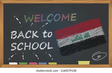 Back to school with learning and childhood concept. Banner with an inscription with the chalk welcome back to school and the Iraq national flag